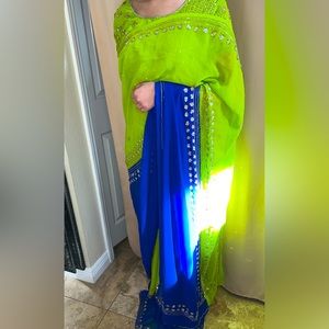 Blue green pre pleated saree